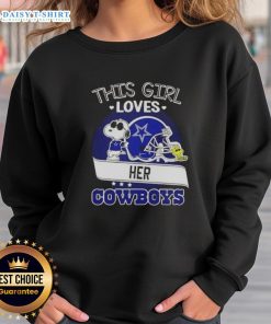 Girl wearing a Dallas Cowboys football helmet sweatshirt, showcasing her love for the team with a smile and Snoopy.