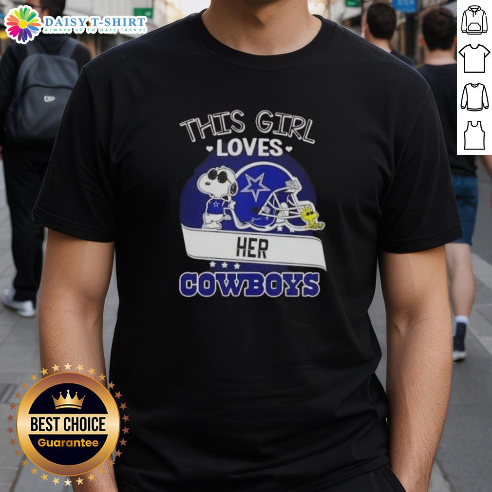 Good Snoopy This Girl Loves Her Dallas Cowboys Football Helmet T Shirt Girl wearing a Dallas Cowboys football helmet t-shirt featuring Snoopy, showcasing her love for the team.