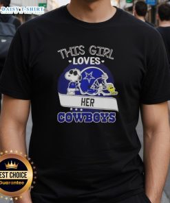 Girl wearing a Dallas Cowboys football helmet t-shirt featuring Snoopy, showcasing her love for the team.