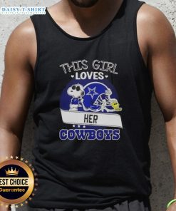 Girl wearing a Dallas Cowboys football helmet tank top, showcasing her love for the team with a playful Snoopy design.