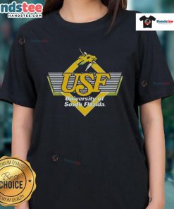 Good South Florida USF Bulls Golden Brahman logo on a ladies tee, perfect for fans of USF sports apparel.