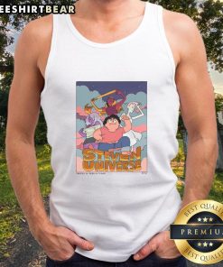Good Steven Universe characters: three magical guardians and Steven in a tank top, showcasing their vibrant powers.
