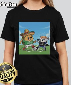 Good Taco Sombrero vs Sushi Japan soccer ladies tee featuring vibrant graphics celebrating Mexican and Japanese culture.