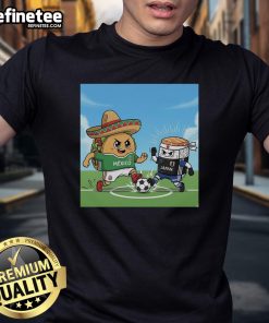 Good Taco Sombrero Mexico vs Sushi Japan soccer t-shirt featuring vibrant graphics celebrating cultural food rivalry.