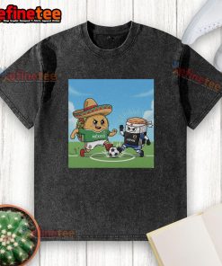 Good Taco Sombrero Mexico vs Sushi Japan soccer washed t-shirt featuring vibrant graphics and a playful design.