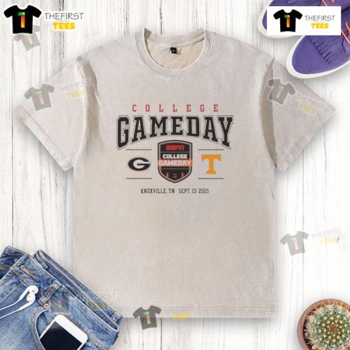 Good Tennessee Volunteers vs Georgia Bulldogs Football 2025 College Gameday washed t-shirt displayed on a hanger.