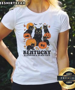 Alt Text: Halloween-themed ladies tee featuring bluegrass and black cats with pumpkins for a festive look.