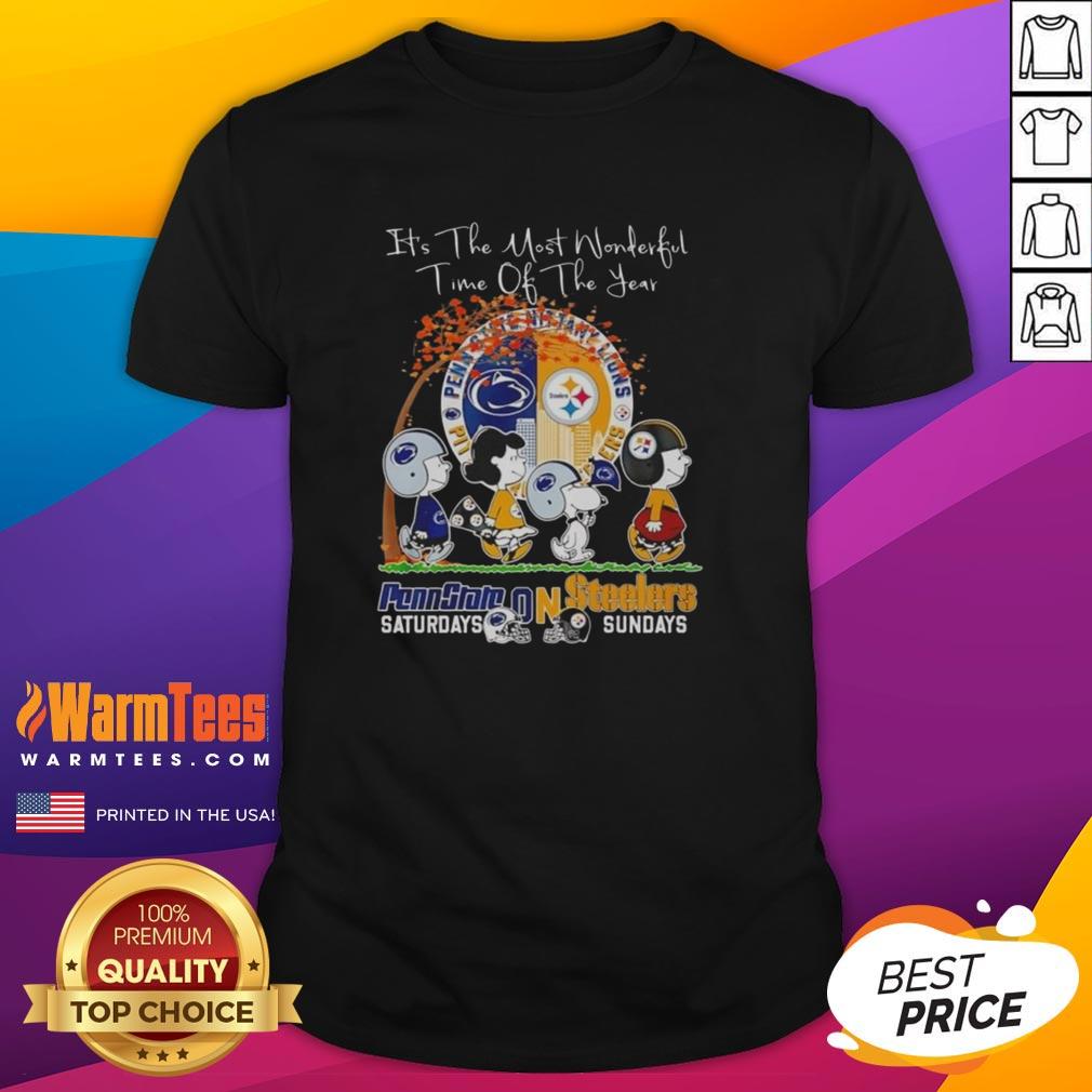 Good The Peanuts Pennstate Saturdays On Steelers Sundays It’S The Most Wonderful Time Of The Year T-Shirt Good The Peanuts Pennstate Saturdays on Steelers Sundays T-shirt celebrating football season's joy and camaraderie.