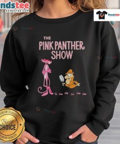 Alt Text: Cozy 'Good The Pink Panther Show' cartoon sweatshirt featuring vibrant pink graphics and classic character design.