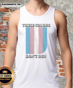 Model wearing 'Good-These-Colors-Dont-Run' trans tank top featuring vibrant colors and a stylish design.