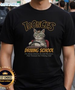 Alt Text: Good Toonces Driving School T-Shirt featuring Toonces the driving cat in a humorous design for cat lovers.
