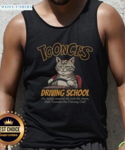 Toonces the driving cat wearing a tank top, representing Good Toonces Driving School in a fun and playful scene.