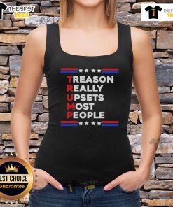 Person wearing a tank top with 'Good Trump Treason Really Upsets Most People' graphic, showcasing political expression.