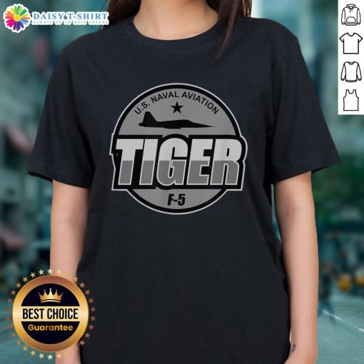 Alt Text: Good U.S. Naval Aviation F-5 Tiger Jet Military Aircraft Pilot Ladies Tee featuring a stylish jet design.