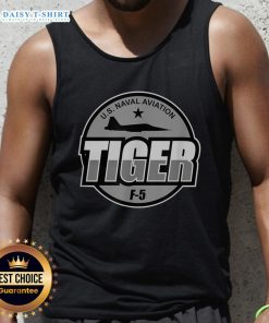 Alt Text: U.S. Naval Aviation pilot wearing a tank top featuring an F-5 Tiger jet military aircraft design.