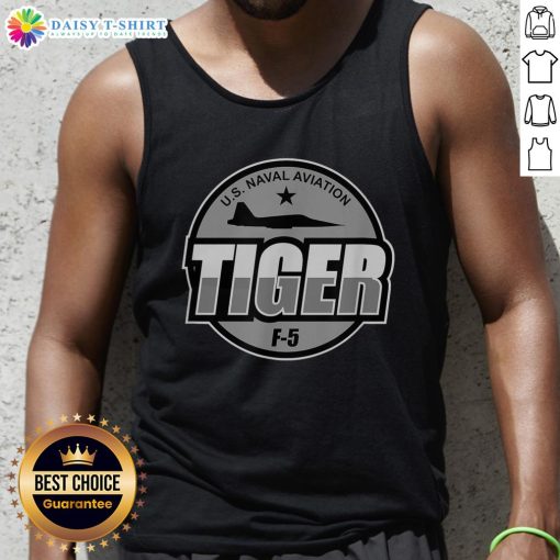 Alt Text: U.S. Naval Aviation pilot wearing a tank top featuring an F-5 Tiger jet military aircraft design.