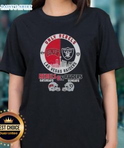 UNLV Rebels and Las Vegas Raiders football helmets with skyline, featured on a ladies tee for game day.