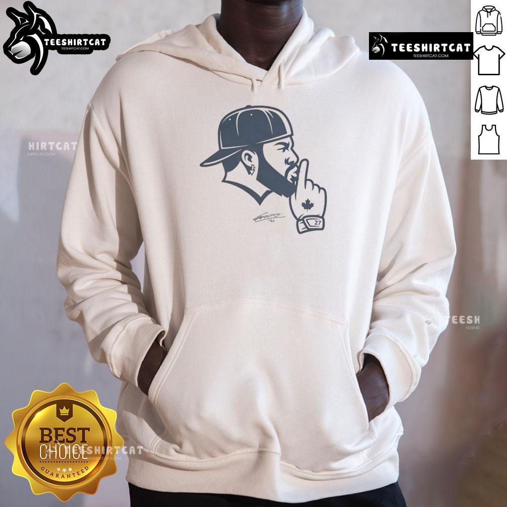 Good Vladdy Shush Vladimir Guerrero Toronto Blue Jays Hoodie Vladimir Guerrero Jr. wearing a Toronto Blue Jays hoodie, showcasing his signature shush gesture on the field.