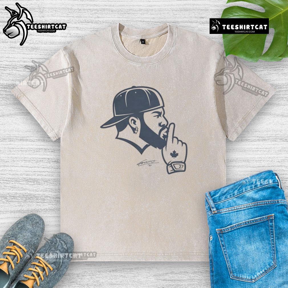 Good Vladdy Shush Vladimir Guerrero Toronto Blue Jays Washed T Shirt Vladimir Guerrero Jr. in a Toronto Blue Jays washed t-shirt, showcasing his iconic shush gesture on the field.