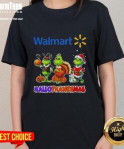 Happy HalloThanksMas ladies tee featuring Good Walmart X Grinch cosplay design for festive holiday celebrations.