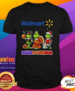 Alt Text: Good Walmart X Grinch Cosplay Happy Hallothanksmas T-Shirt featuring festive design and vibrant colors for holiday fun.
