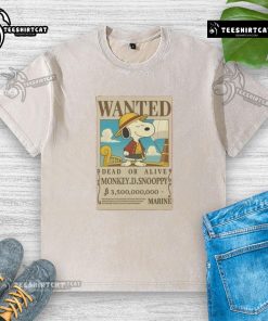 Marine washed t-shirt featuring 'Good Wanted Dead or Alive' Mokey D. Snoopy design, perfect for fans and collectors.