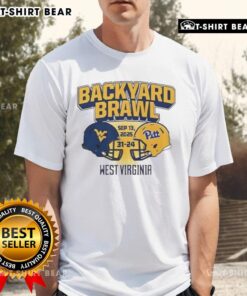 Good West Virginia Mountaineers Beat Pittsburgh Panthers 31-24 Backyard Brawl T-Shirt design featuring team logos.