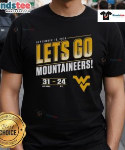 2025 West Virginia Mountaineers vs Pitt Panthers 'Let's Go' score T-shirt featuring team colors and logos.