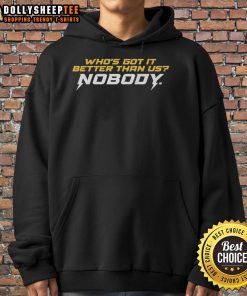 Good Who's Got It Better Than Us Hoodie in black, featuring bold text design, perfect for casual streetwear style.