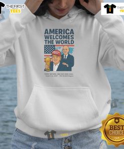 Humorous 'Good World Cup 2026 America Welcomes The World' political soccer hoodie design for fans and supporters.