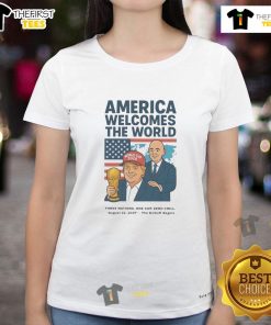 Funny political soccer tee for Women's World Cup 2026, celebrating America welcoming the world with style.