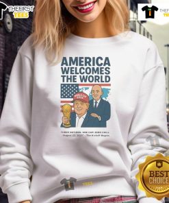 Funny political sweatshirt for World Cup 2026, featuring America welcomes the world theme with soccer graphics.