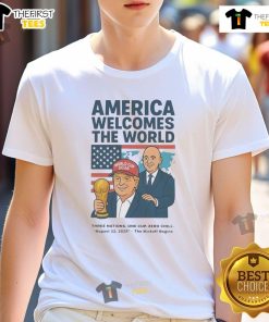 Funny political soccer T-shirt celebrating World Cup 2026 in America, welcoming fans from around the globe.