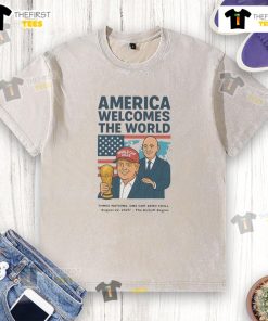 Funny political soccer t-shirt for World Cup 2026 in America, featuring a welcoming design for global fans.