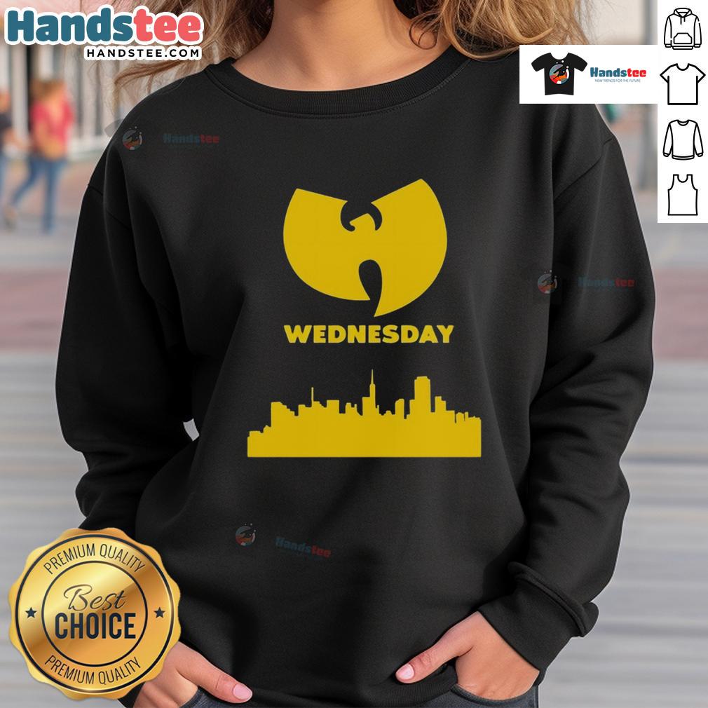 Good Wu Tang Wednesday Skyline Sweatshirt Alt Text: Good Wu-Tang Wednesday Skyline Sweatshirt featuring a vibrant city skyline design and Wu-Tang logo.
