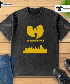Good Wu-Tang Wednesday skyline washed t-shirt featuring iconic Wu-Tang logo and vibrant cityscape design.
