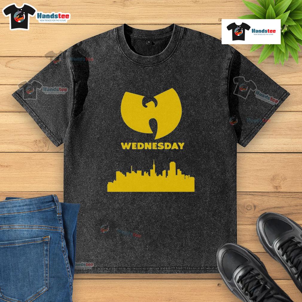 Good Wu Tang Wednesday Skyline Washed T Shirt Good Wu-Tang Wednesday skyline washed t-shirt featuring iconic Wu-Tang logo and vibrant cityscape design.