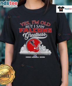 Atlanta Falcons helmet ladies tee showcasing skyline design, celebrating team greatness and championship spirit.
