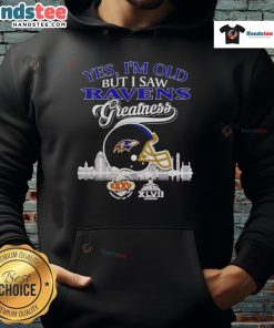 Vintage hoodie featuring Baltimore Ravens helmet and skyline, celebrating Super Bowl greatness and team pride.