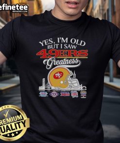 Alt Text: Vintage San Francisco 49ers T-shirt featuring skyline and helmet design, perfect for fans celebrating team greatness.