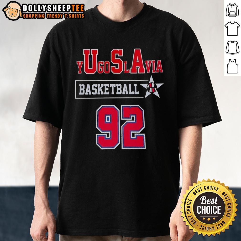 Good Yugoslavia Basketball 92 T Shirt Alt Text: Vintage Good Yugoslavia Basketball 92 T-Shirt featuring iconic design and vibrant colors, perfect for sports fans.
