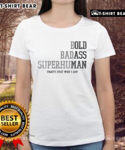 Happy bold badass superhuman old man wearing a stylish ladies tee, showcasing confidence and a vibrant personality.