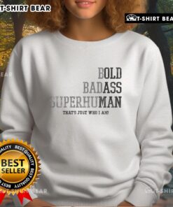 Happy bold badass superhuman old man wearing a stylish sweatshirt, showcasing unique design and vibrant colors.