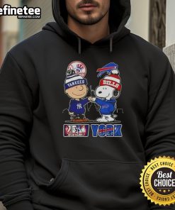 Happy Charlie Brown in a New York Yankees x Snoopy Buffalo Bills skyline hoodie, showcasing a fun and sporty design.