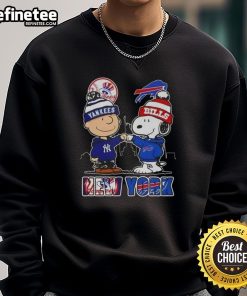 Happy Charlie Brown New York Yankees x Snoopy Buffalo Bills skyline sweatshirt design featuring iconic NYC landmarks.