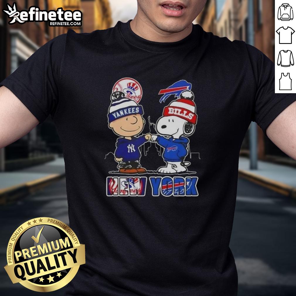 Happy Charlie Brown New York Yankees X Snoopy Buffalo Bills Skyline T Shirt Happy Charlie Brown and Snoopy in New York Yankees and Buffalo Bills t-shirt with skyline design.
