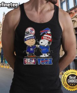 Happy Charlie Brown New York Yankees x Snoopy Buffalo Bills Skyline Tank Top featuring iconic characters and city skyline.