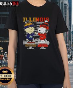 Happy Charlie Brown and Snoopy tee featuring Notre Dame Fighting Irish and Chicago Bears skyline design for ladies.