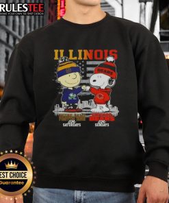 Happy Charlie Brown in Notre Dame gear, Snoopy with Chicago Bears, skyline sweatshirt for game day vibes.