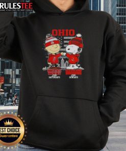 Happy Charlie Brown in Ohio State Buckeyes hoodie next to Snoopy in Cleveland Browns attire against a skyline backdrop.